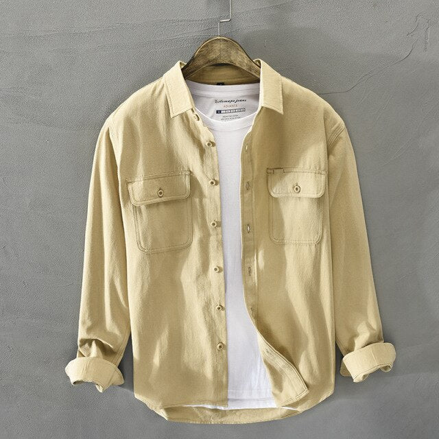 Long Sleeve Shirt for Men Pure Cotton Two Pocket Button Up Tops Male Casual Daily Solid White Turn-down Collar Retro Clothes
