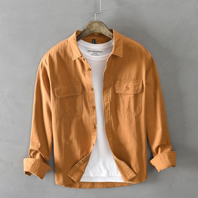 Long Sleeve Shirt for Men Pure Cotton Two Pocket Button Up Tops Male Casual Daily Solid White Turn-down Collar Retro Clothes