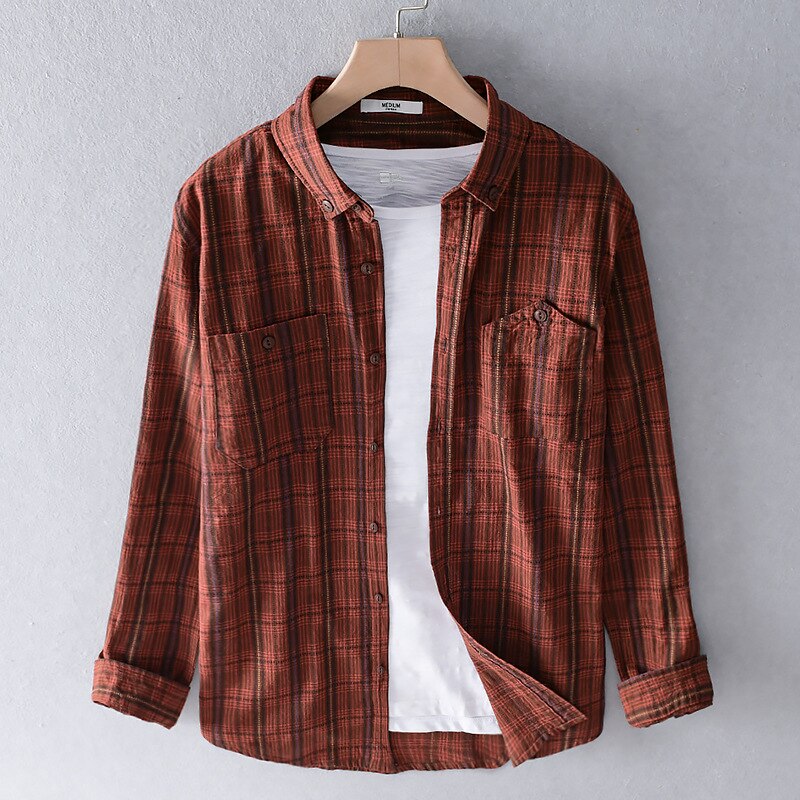 Chemise à carreaux à manches longues pour hommes automne nouveau 100% coton rouge col rabattu décontracté mâle tout match vêtements