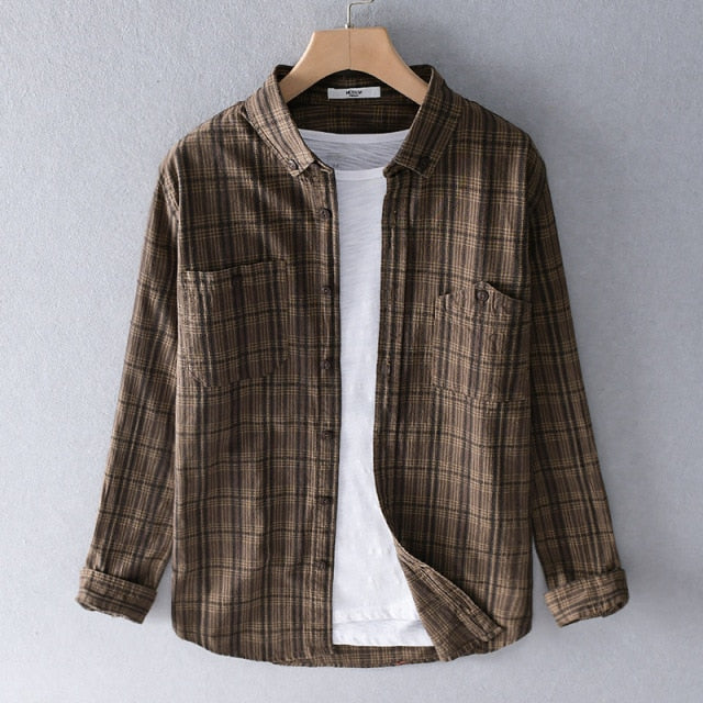 Chemise à carreaux à manches longues pour hommes automne nouveau 100% coton rouge col rabattu décontracté mâle tout match vêtements