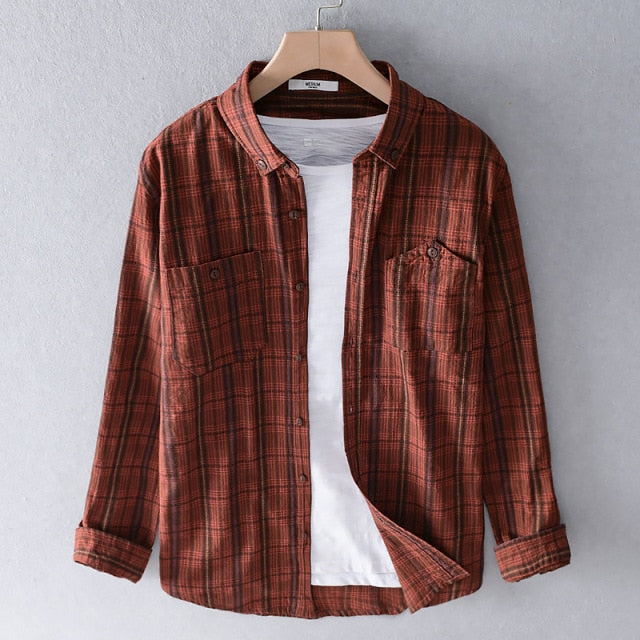 Long Sleeve Plaid Shirt For Men Autumn New 100%Cotton Red Turn-down Collar Casual Male All-match Clothing