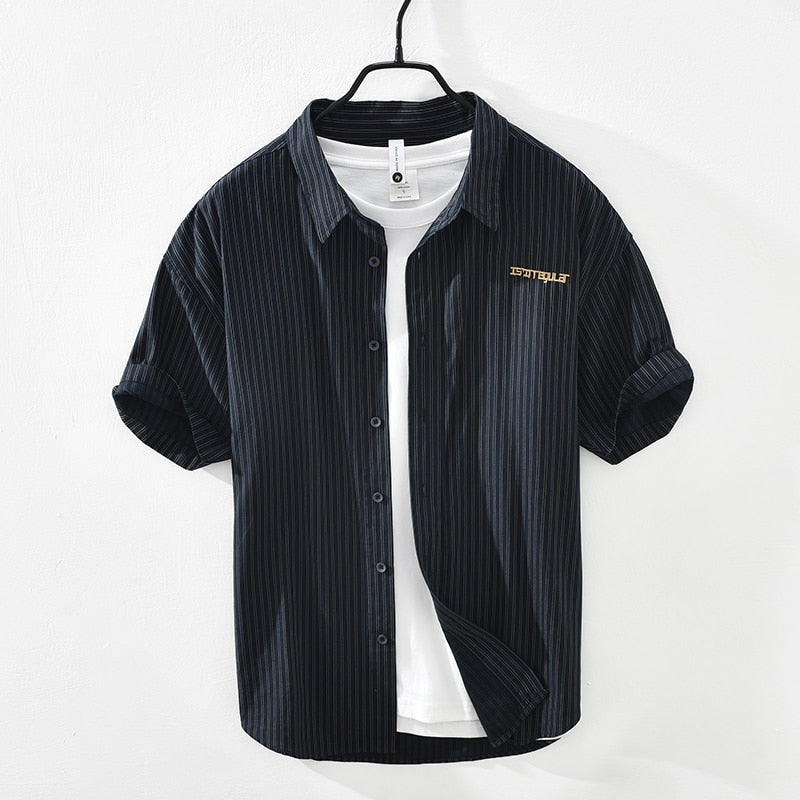 Chemise rayée à manches courtes pour hommes été nouveau coton lin décontracté hauts mâle lettre broderie vêtements