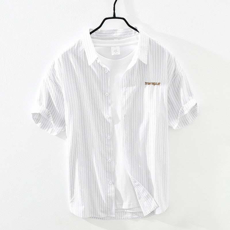 Striped Short Sleeve Shirt for Men Summer New Cotton Linen Casual Tops Male Letter Embroidery Clothes