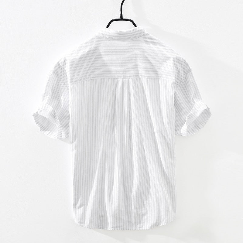 Striped Short Sleeve Shirt for Men Summer New Cotton Linen Casual Tops Male Letter Embroidery Clothes