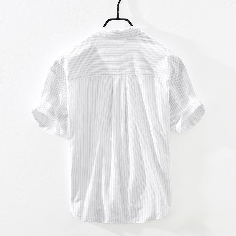 Chemise rayée à manches courtes pour hommes été nouveau coton lin décontracté hauts mâle lettre broderie vêtements