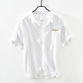 Chemise rayée à manches courtes pour hommes été nouveau coton lin décontracté hauts mâle lettre broderie vêtements