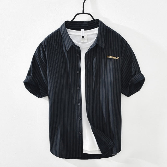 Chemise rayée à manches courtes pour hommes été nouveau coton lin décontracté hauts mâle lettre broderie vêtements