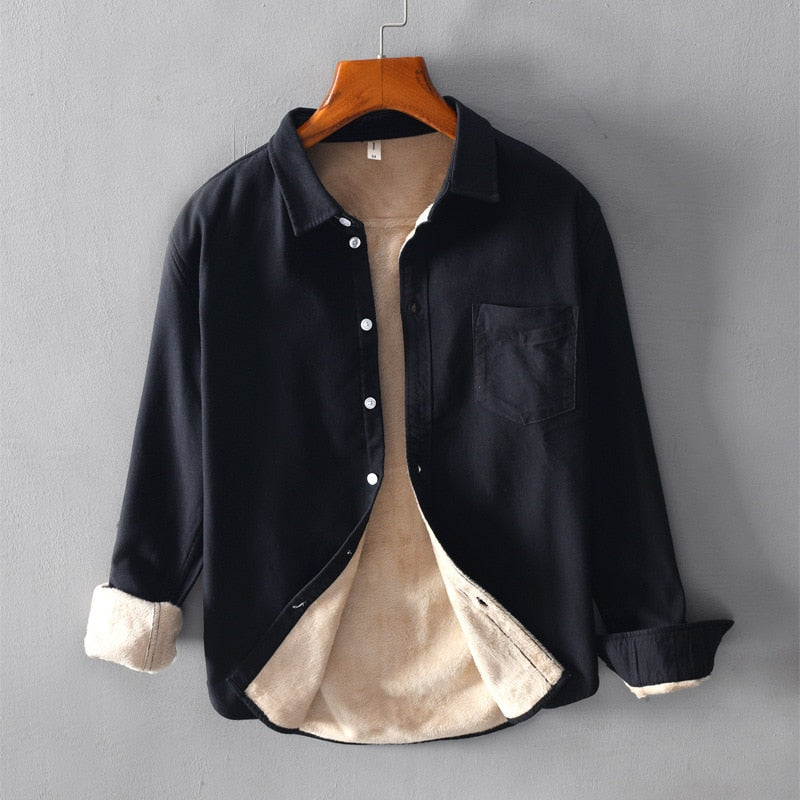 Men's Casual Shirts Autumn New Plus Velvet Long-Sleeved Shirt Retro Turn-down Collar Thickening Warm Male Tops Clothing