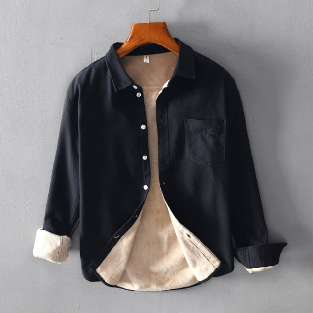 Men's Casual Shirts Autumn New Plus Velvet Long-Sleeved Shirt Retro Turn-down Collar Thickening Warm Male Tops Clothing