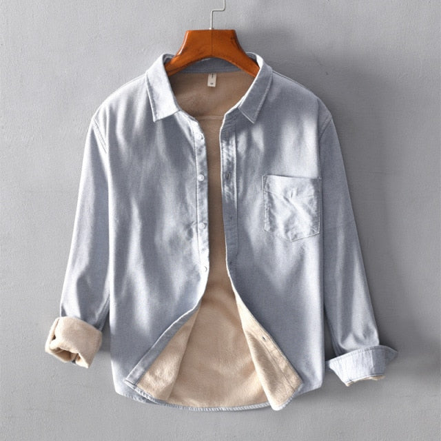 Men's Casual Shirts Autumn New Plus Velvet Long-Sleeved Shirt Retro Turn-down Collar Thickening Warm Male Tops Clothing