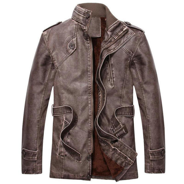 Vintage Men's Leather Jackets Autumn Winter New Casual Motorcycle Leather Jacket Mens Long Thicken Faux Fur Coats