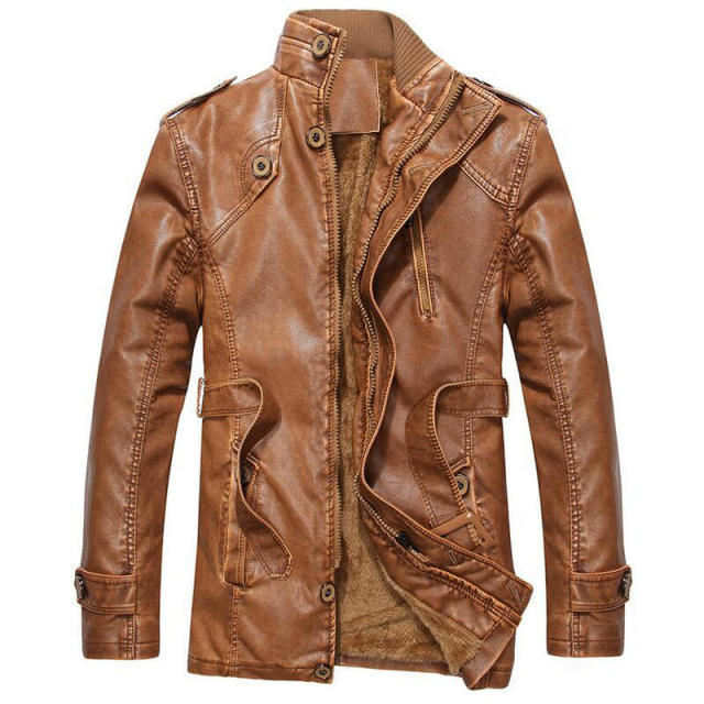 Vintage Men's Leather Jackets Autumn Winter New Casual Motorcycle Leather Jacket Mens Long Thicken Faux Fur Coats