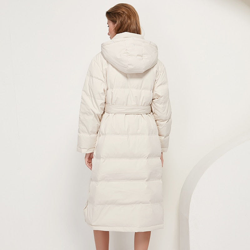 Women Solid Long Parka Coat With Belt Winter Thick Warm Hooded Parkas Long Sleeve Pockets Cotton-padded Jacket