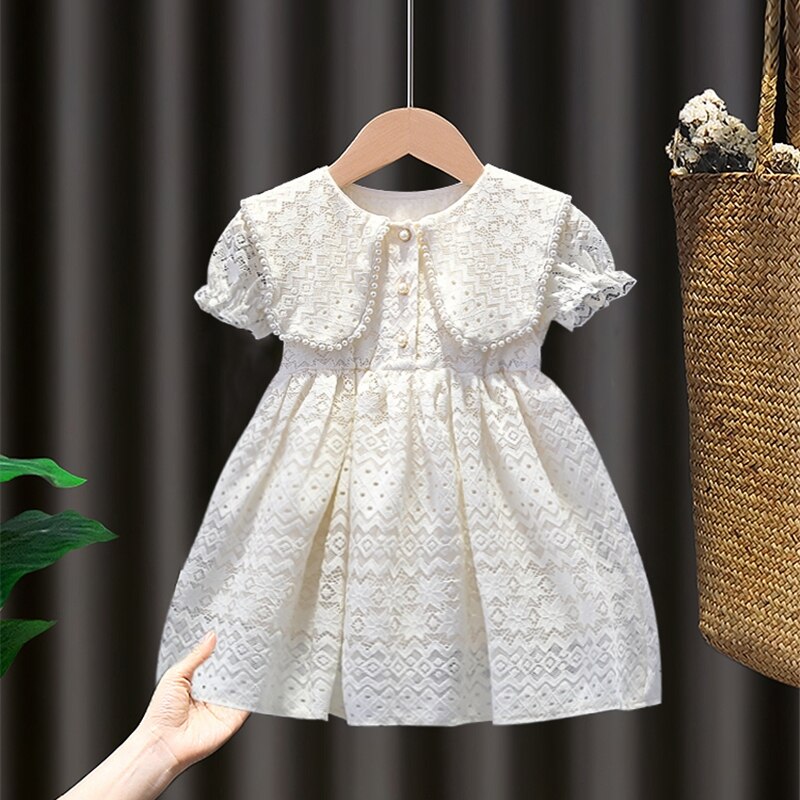 Girls Dress Summer Peter Pan Collar Children Lace Dress Kids Princess Clothes Embroidery Outfits with Pearls 2-6Y