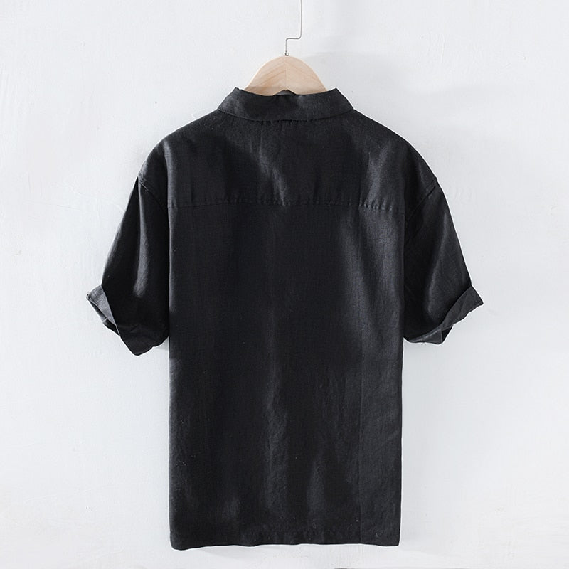 Retro Contrast Color Stitching Short Sleeve 100%Pure Linen Shirt Men's Casual Art Slim Fit Black Clothing