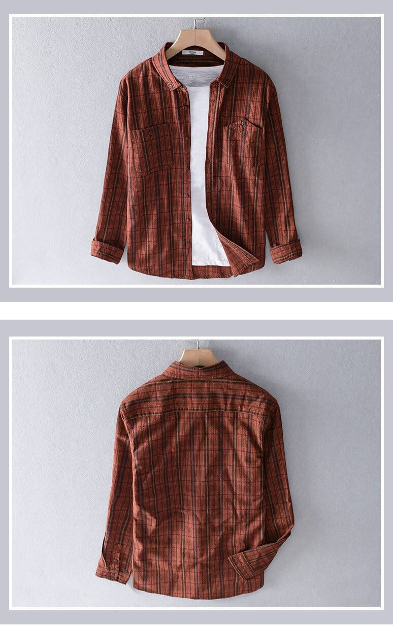 Long Sleeve Plaid Shirt For Men Autumn New 100%Cotton Red Turn-down Collar Casual Male All-match Clothing