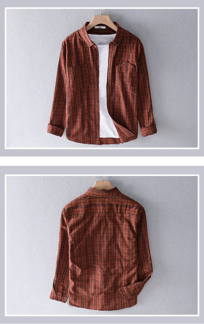 Chemise à carreaux à manches longues pour hommes automne nouveau 100% coton rouge col rabattu décontracté mâle tout match vêtements