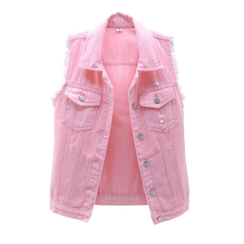 Womens Sleeveless Denim Jackets Autumn Jeans Coats Woman Slim Cotton Solid Denim Vest Sleeveless Waistcoat Ladies