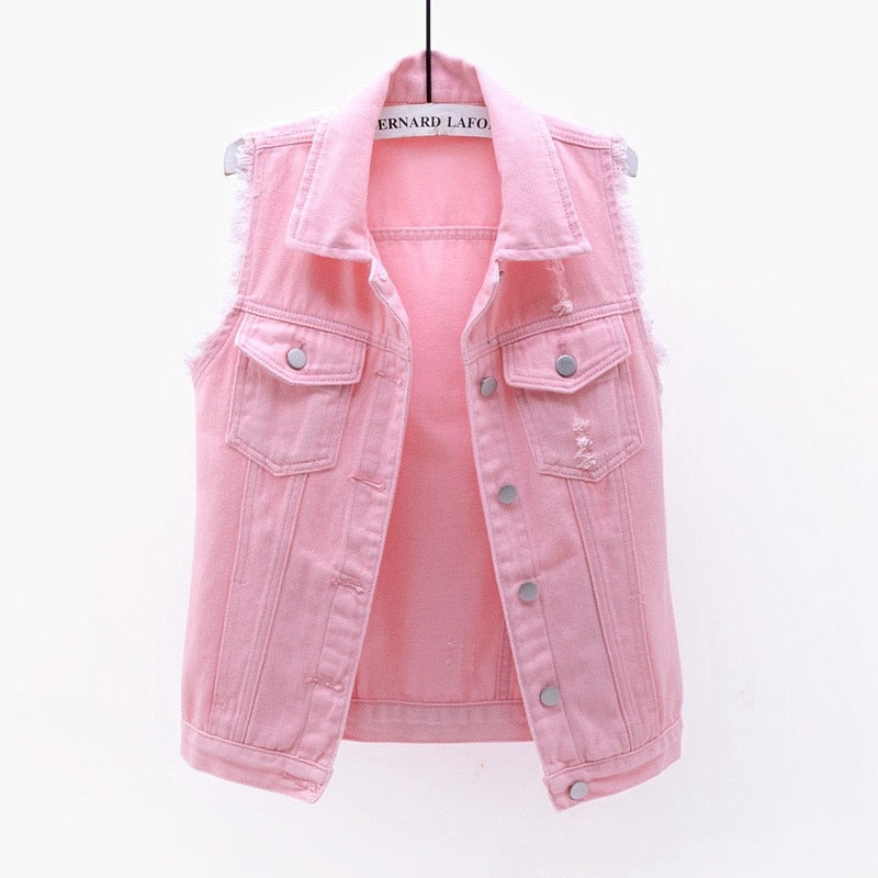 Womens Sleeveless Denim Jackets Autumn Jeans Coats Woman Slim Cotton Solid Denim Vest Sleeveless Waistcoat Ladies
