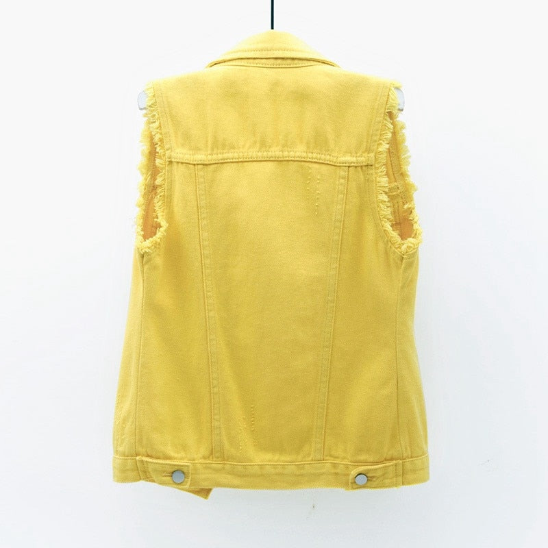 Womens Sleeveless Denim Jackets Autumn Jeans Coats Woman Slim Cotton Solid Denim Vest Sleeveless Waistcoat Ladies