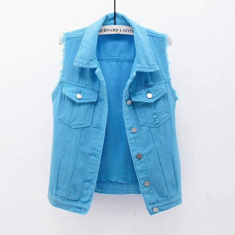 Womens Sleeveless Denim Jackets Autumn Jeans Coats Woman Slim Cotton Solid Denim Vest Sleeveless Waistcoat Ladies