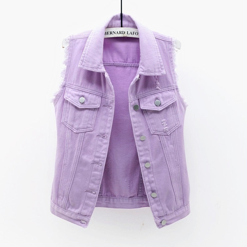Womens Sleeveless Denim Jackets Autumn Jeans Coats Woman Slim Cotton Solid Denim Vest Sleeveless Waistcoat Ladies