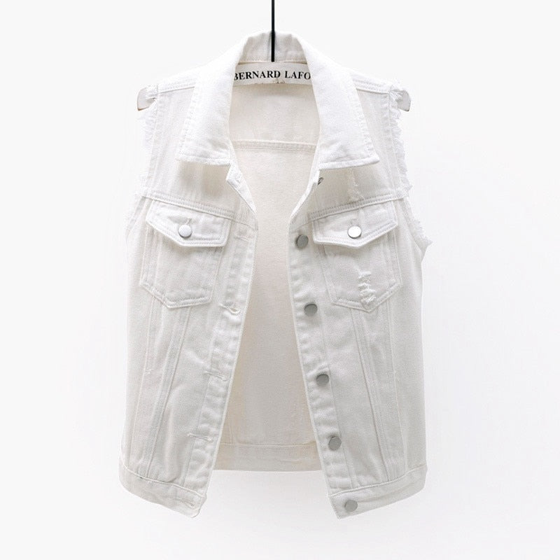 Womens Sleeveless Denim Jackets Autumn Jeans Coats Woman Slim Cotton Solid Denim Vest Sleeveless Waistcoat Ladies