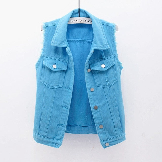 Womens Sleeveless Denim Jackets Autumn Jeans Coats Woman Slim Cotton Solid Denim Vest Sleeveless Waistcoat Ladies
