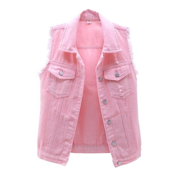 Womens Sleeveless Denim Jackets Autumn Jeans Coats Woman Slim Cotton Solid Denim Vest Sleeveless Waistcoat Ladies