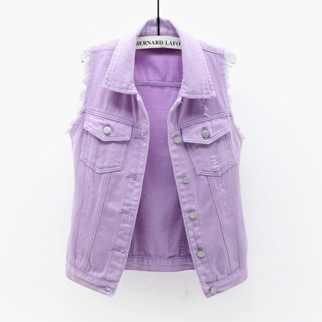 Womens Sleeveless Denim Jackets Autumn Jeans Coats Woman Slim Cotton Solid Denim Vest Sleeveless Waistcoat Ladies
