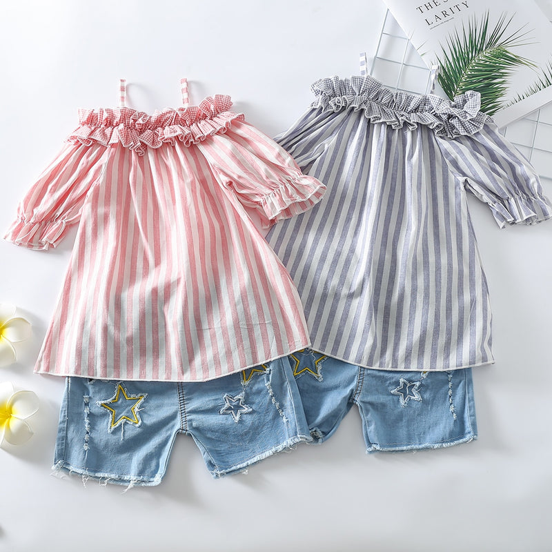 Summer 2pcs Kids Girls Clothes Sets 1-5Y Striped Off Shoulder Short Sleeve T Shirts Tops Denim Hole Shorts