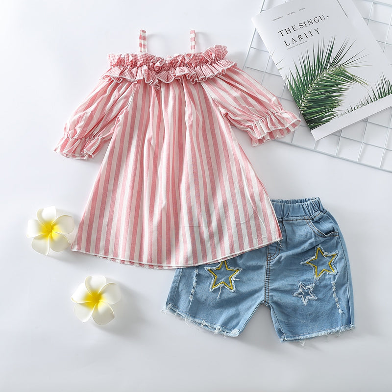 Summer 2pcs Kids Girls Clothes Sets 1-5Y Striped Off Shoulder Short Sleeve T Shirts Tops Denim Hole Shorts