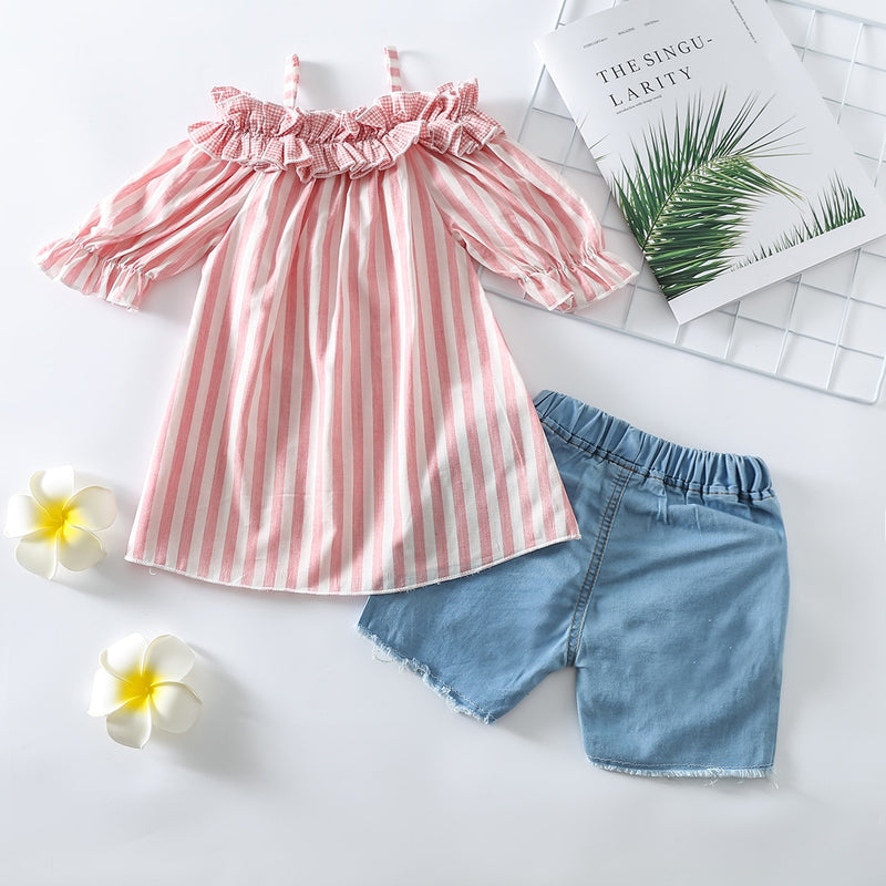 Summer 2pcs Kids Girls Clothes Sets 1-5Y Striped Off Shoulder Short Sleeve T Shirts Tops Denim Hole Shorts