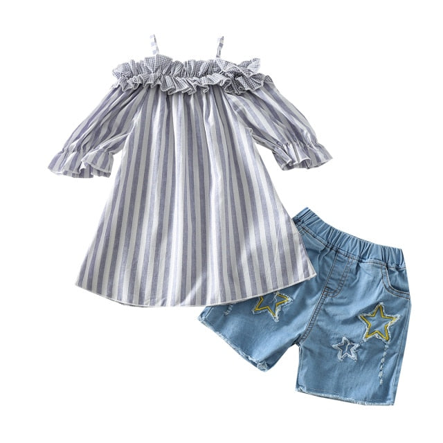 Été 2 pièces enfants filles vêtements ensembles 1-5Y rayé épaules dénudées à manches courtes t-shirts hauts Denim trou Shorts