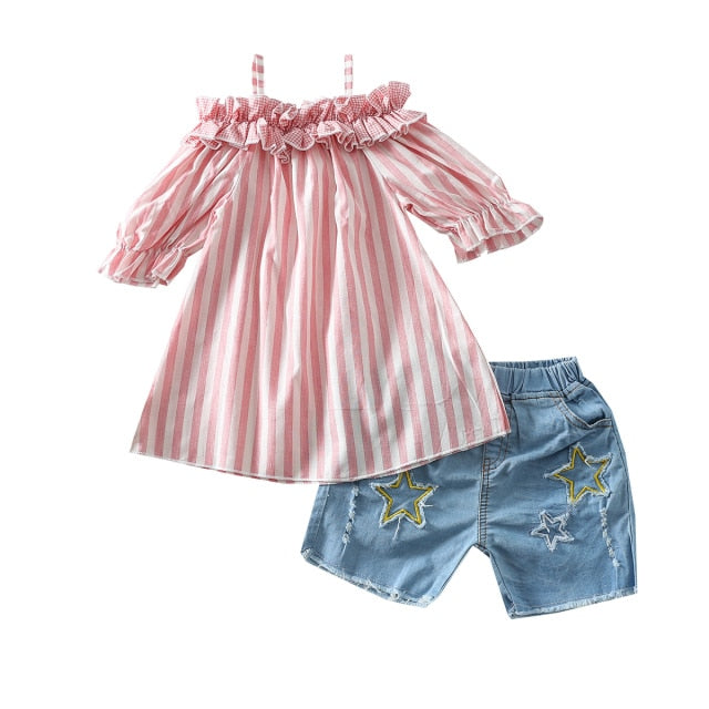 Summer 2pcs Kids Girls Clothes Sets 1-5Y Striped Off Shoulder Short Sleeve T Shirts Tops Denim Hole Shorts