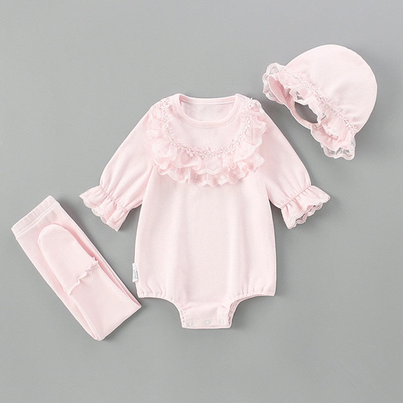 Vêtements d'automne en dentelle pour enfants, vêtements pour bébés filles, body + chapeau + serré, combinaison 3 pièces/ensemble, combishort, 0-2 ans