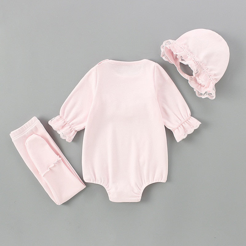 Vêtements d'automne en dentelle pour enfants, vêtements pour bébés filles, body + chapeau + serré, combinaison 3 pièces/ensemble, combishort, 0-2 ans