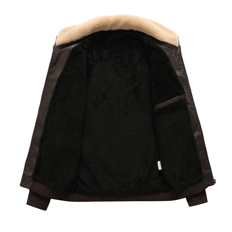 Men's Leather Jacket Winter Fleece Collar Windbreaker Leather Coats Men Slim Fit Faux Leather Motorcycle Jackets Clothing