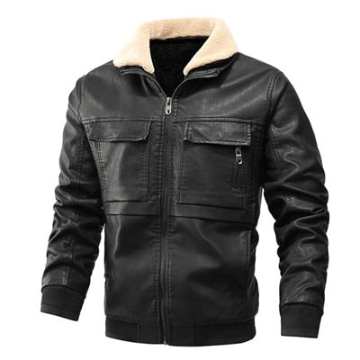 Men's Leather Jacket Winter Fleece Collar Windbreaker Leather Coats Men Slim Fit Faux Leather Motorcycle Jackets Clothing
