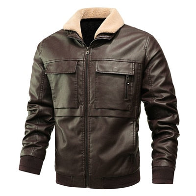Men's Leather Jacket Winter Fleece Collar Windbreaker Leather Coats Men Slim Fit Faux Leather Motorcycle Jackets Clothing