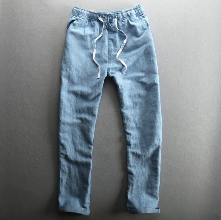 Men's Summer Casual Pants Natural Cotton Linen Trousers For Men Hawaii Solid White Elastic Waist Straight Man Pants