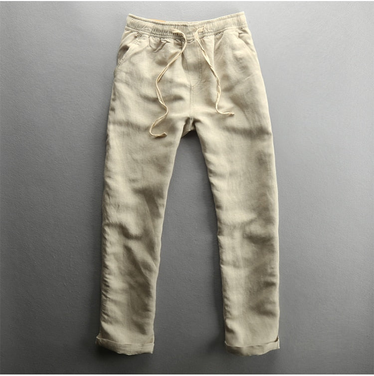 Men's Summer Casual Pants Natural Cotton Linen Trousers For Men Hawaii Solid White Elastic Waist Straight Man Pants