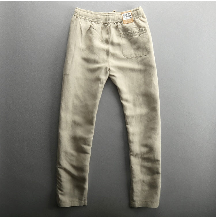 Men's Summer Casual Pants Natural Cotton Linen Trousers For Men Hawaii Solid White Elastic Waist Straight Man Pants