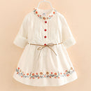 Spring Autumn 3-12 Ages Kids Embroidery Floral Long And Short Sleeve Double Use White Elegant Dress Princess Girl With Belt