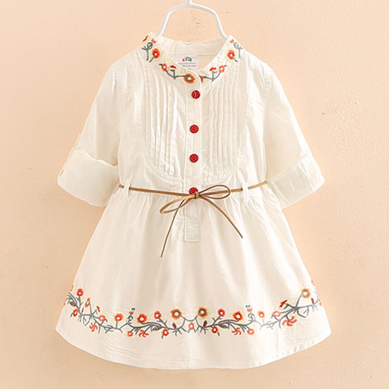Spring Autumn 3-12 Ages Kids Embroidery Floral Long And Short Sleeve Double Use White Elegant Dress Princess Girl With Belt