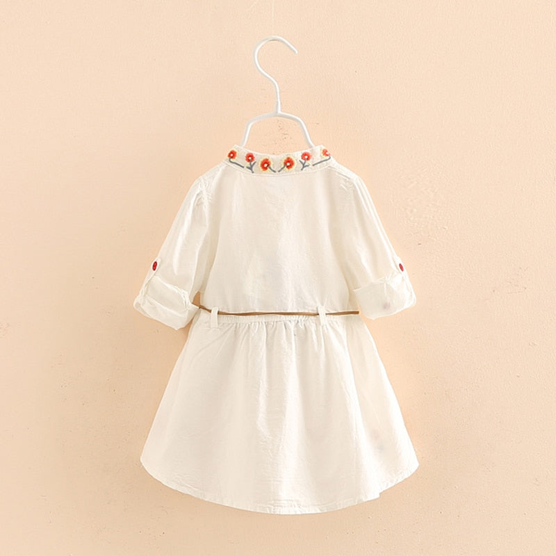 Spring Autumn 3-12 Ages Kids Embroidery Floral Long And Short Sleeve Double Use White Elegant Dress Princess Girl With Belt