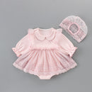 baby girls clothes baby autumn bodysuits infant baby girls christening baptism party princess dress+lace hat 2pcs/set pink 0-2Y