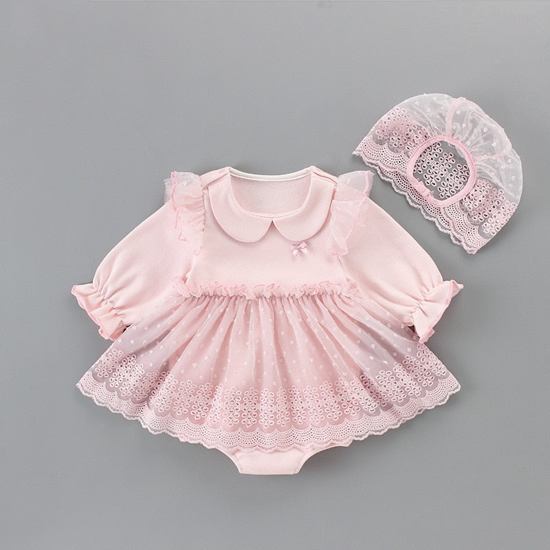 Bébé filles vêtements bébé automne body infantile bébé filles baptême fête princesse robe + dentelle chapeau 2 pièces/ensemble rose 0-2Y
