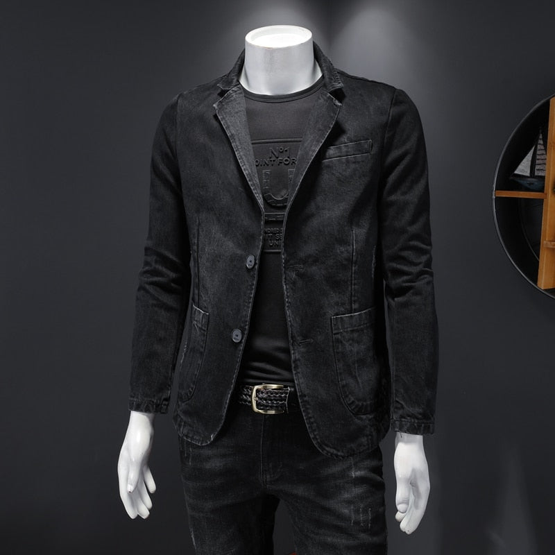 Denim Blazer Men Blazer Jeans Slim Fit Cowboy Coats Leisure Mens Suit Jean Jacket Men Casual Coat Single Button New