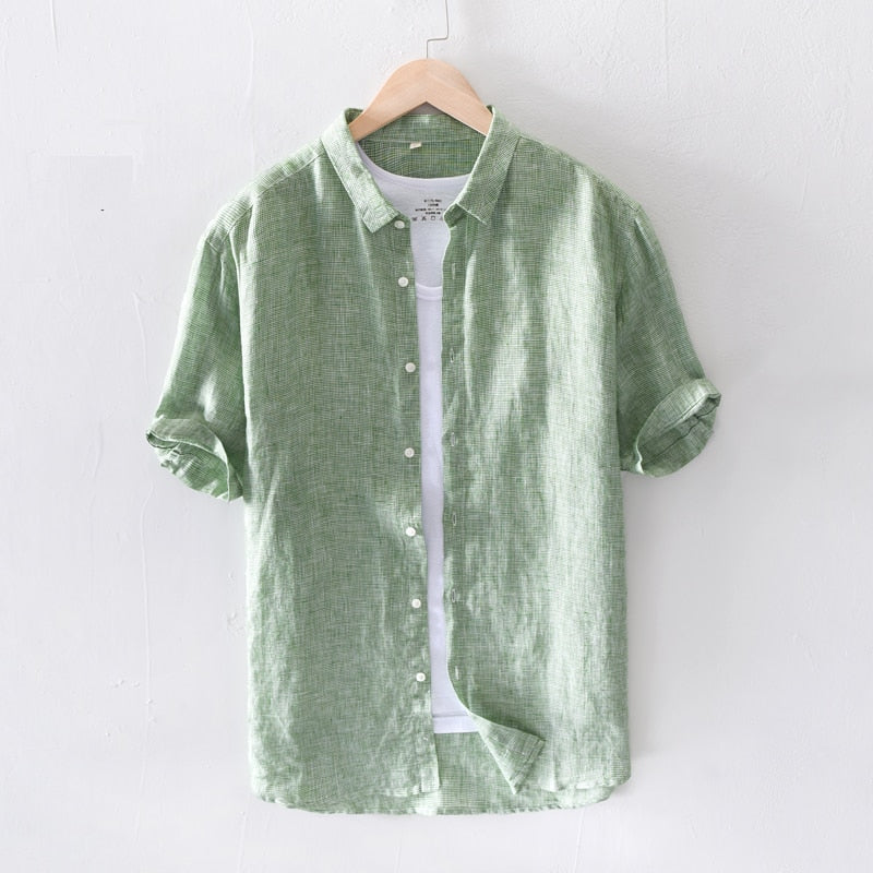 Linen Men Short Sleeve Shirts Casual Green Pink Plaid Shirt Turn-down Collar Man Summer